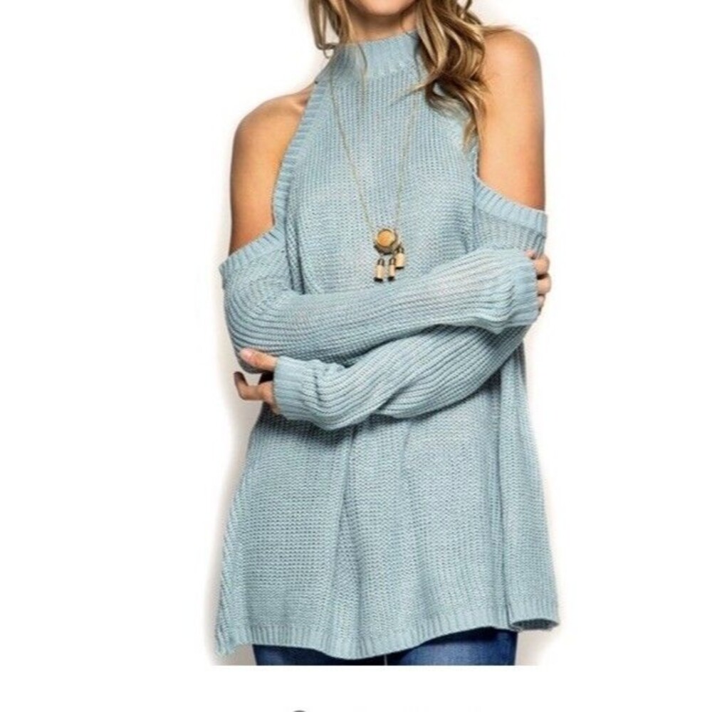 She + Sky Long Sleeve Slate Blue Cold Shoulder Tunic High Neck Sweater MED EUC